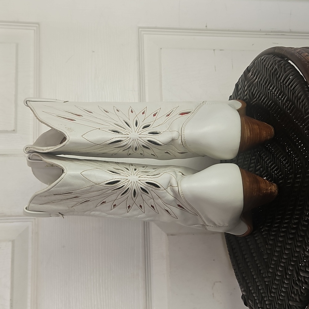 Dingo Vintage White Leather Western Cowboy Boots Laser Star Cutout Size 6.5 - Picture 7 of 15